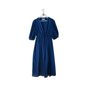 Farmers Market Blue Cotton Midi Dress Puff Sleeve Tie Front Size S